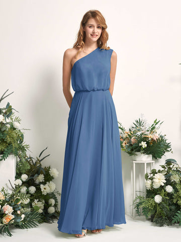 Bridesmaid Dress A-line Chiffon One Shoulder Full Length Sleeveless Wedding Party Dress - Dusty Blue (81226810)#color_dusty-blue