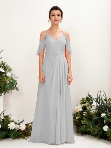 Ball Gown Off Shoulder Spaghetti-straps Chiffon Bridesmaid Dress - Silver (81221727)#color_silver