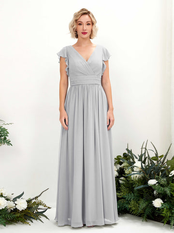 Silver Bridesmaid Dresses Bridesmaid Dress A-line Chiffon V-neck Full Length Short Sleeves Wedding Party Dress (81222727)#color_silver