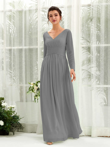 Carlyna Coline A-Line Steel Gray Bridesmaid Dress Maxi Long Sleeve V-Neck  #color_steel-gray