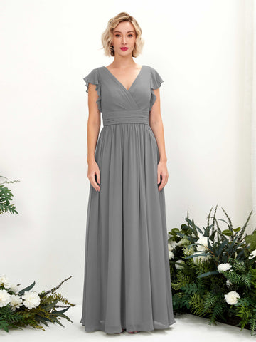 Steel Gray Bridesmaid Dresses Bridesmaid Dress A-line Chiffon V-neck Full Length Short Sleeves Wedding Party Dress (81222720)#color_steel-gray