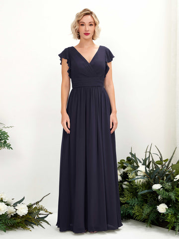 Dark Navy Bridesmaid Dresses Bridesmaid Dress A-line Chiffon V-neck Full Length Short Sleeves Wedding Party Dress (81222718)#color_dark-navy