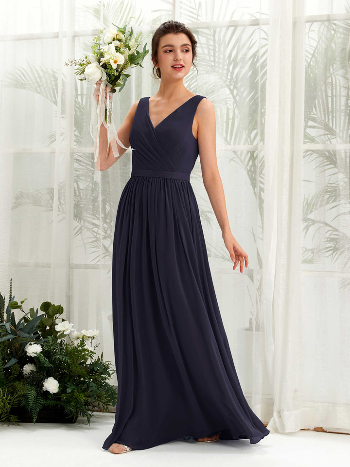 Dark Navy Bridesmaid Dresses Bridesmaid Dress A-line Chiffon V-neck Full Length Sleeveless Wedding Party Dress (81223618)