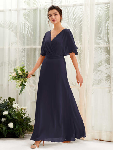 Dark Navy Bridesmaid Dresses Bridesmaid Dress A-line Chiffon V-neck Full Length Short Sleeves Wedding Party Dress (81222418)#color_dark-navy