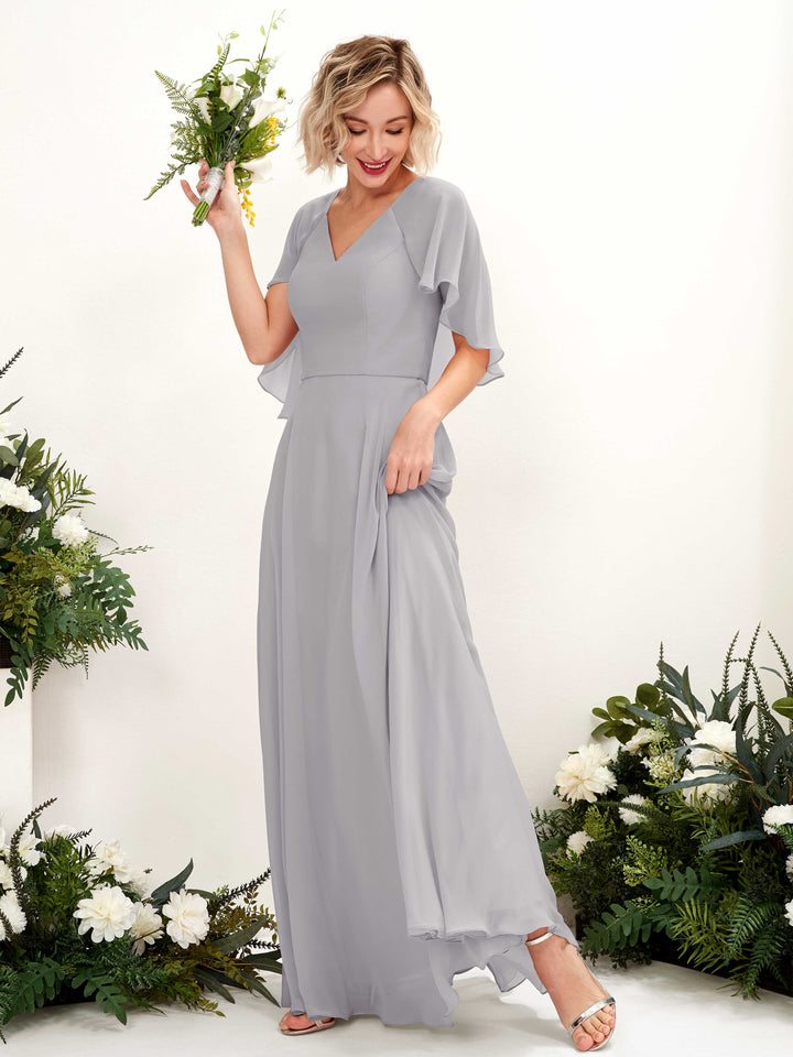 Dove Bridesmaid Dresses Bridesmaid Dress A-line Chiffon V-neck Full Length Short Sleeves Wedding Party Dress (81224425)