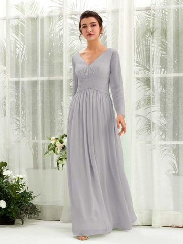 Carlyna Coline A-Line Dove Bridesmaid Dress Maxi Long Sleeve V-Neck  #color_dove
