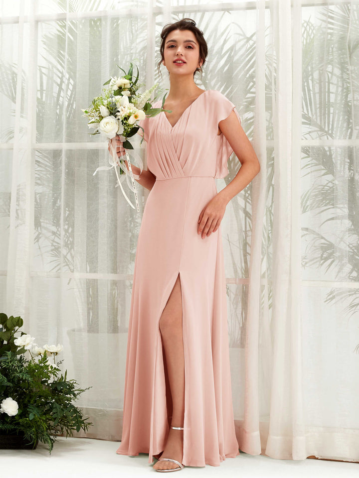 Pearl Pink Bridesmaid Dresses Bridesmaid Dress A-line Chiffon V-neck Full Length Short Sleeves Wedding Party Dress (81225608)