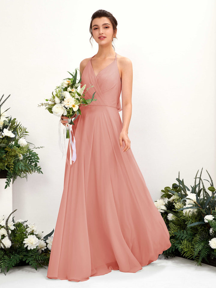 Halter V-neck Sleeveless Chiffon Bridesmaid Dress - Champagne Rose (81221006)