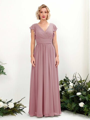 Vintage Mauve Bridesmaid Dresses Bridesmaid Dress A-line Chiffon V-neck Full Length Short Sleeves Wedding Party Dress (81222701)#color_vintage-mauve