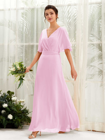 Candy Pink Bridesmaid Dresses Bridesmaid Dress A-line Chiffon V-neck Full Length Short Sleeves Wedding Party Dress (81222439)#color_candy-pink