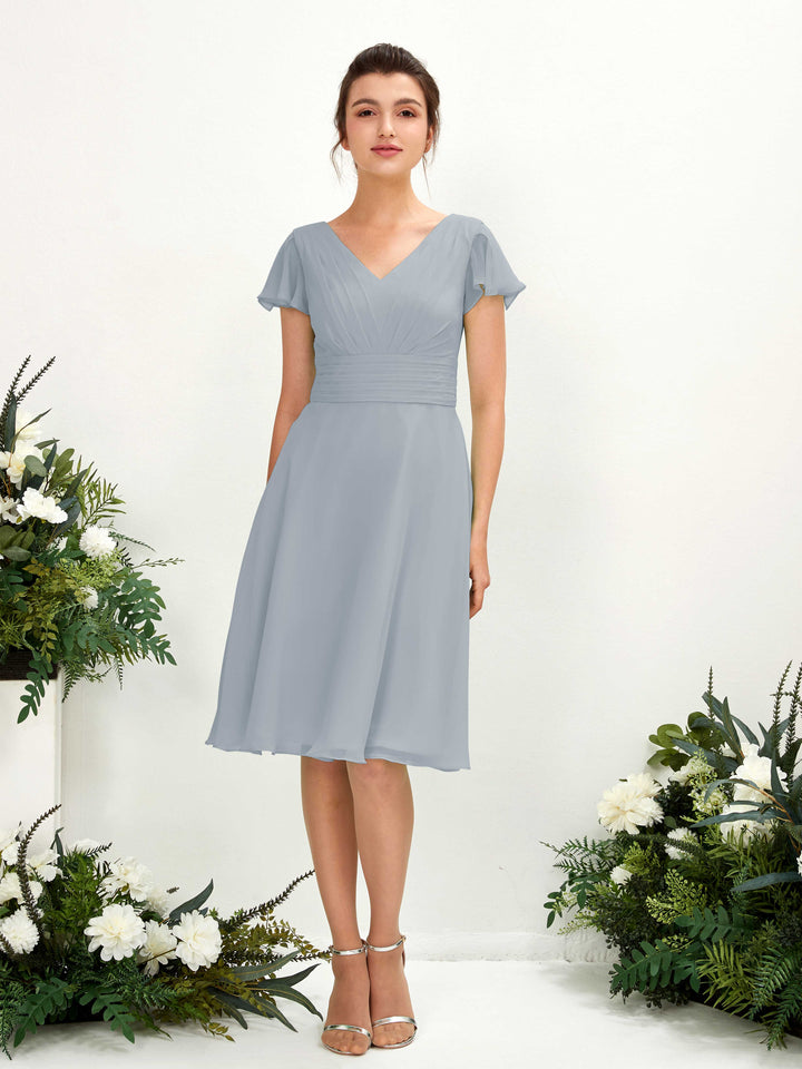 Dusty Blue-Upgrade Bridesmaid Dresses Bridesmaid Dress Chiffon V-neck Knee Length Short Sleeves Wedding Party Dress (81220204)