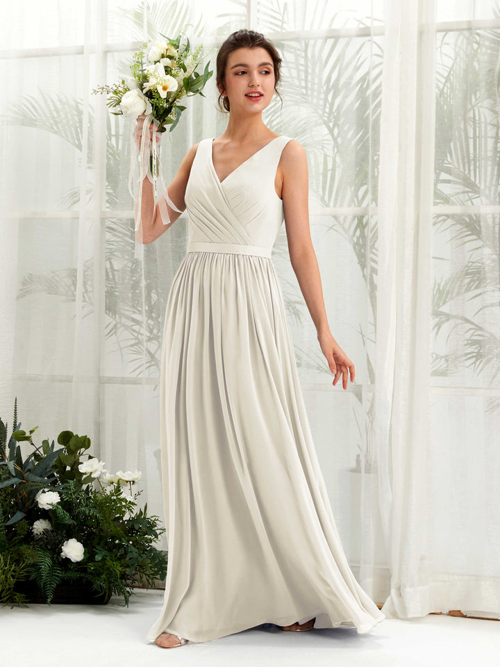 Ivory Bridesmaid Dresses Bridesmaid Dress A-line Chiffon V-neck Full Length Sleeveless Wedding Party Dress (81223626)