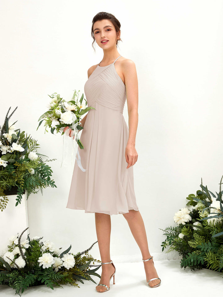 Champagne Bridesmaid Dresses Bridesmaid Dress A-line Chiffon Halter Knee Length Sleeveless Wedding Party Dress (81220416)