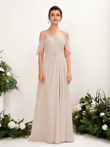 Ball Gown Off Shoulder Spaghetti-straps Chiffon Bridesmaid Dress - Champagne (81221716)#color_champagne