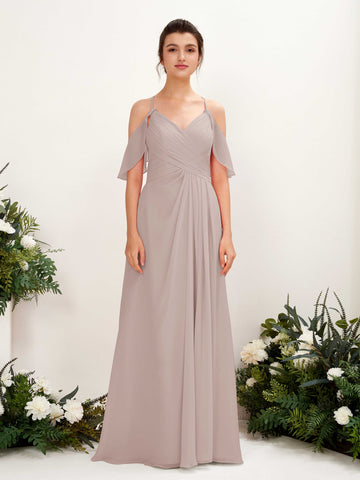 Ball Gown Off Shoulder Spaghetti-straps Chiffon Bridesmaid Dress - Taupe (81221724)#color_taupe