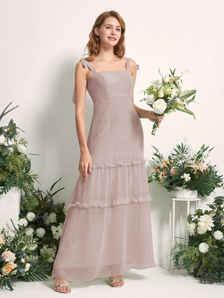 Bridesmaid Dress Chiffon Straps Full Length Sleeveless Wedding Party Dress - Taupe (81227524)