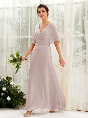 Taupe Bridesmaid Dresses Bridesmaid Dress A-line Chiffon V-neck Full Length Short Sleeves Wedding Party Dress (81222424)#color_taupe