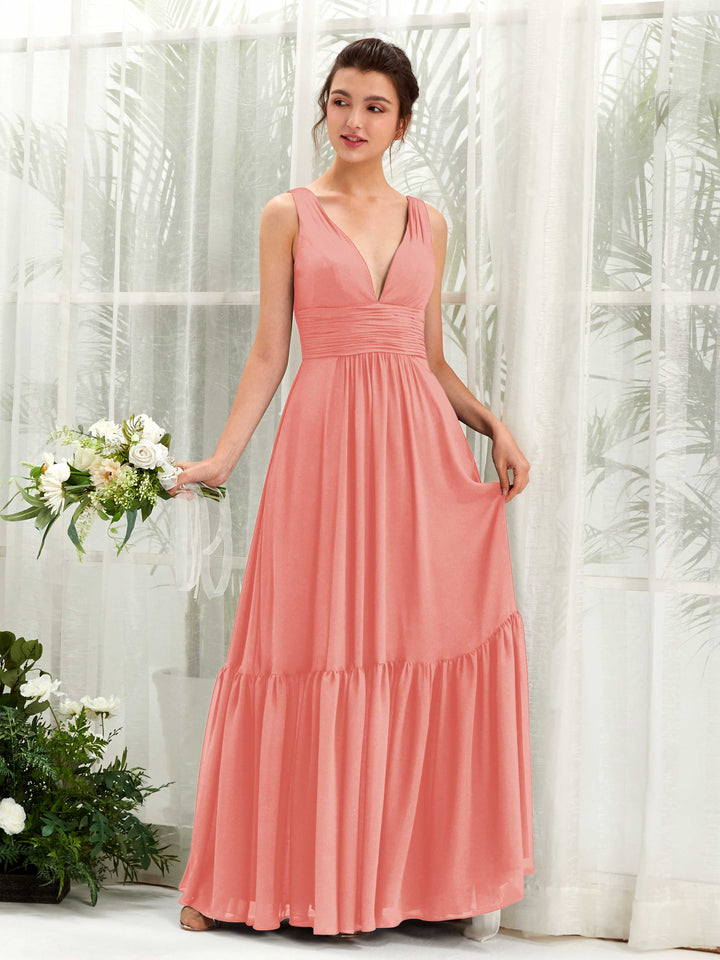 Peach Pink Bridesmaid Dresses Bridesmaid Dress A-line Chiffon Straps Full Length Sleeveless Wedding Party Dress (80223729)