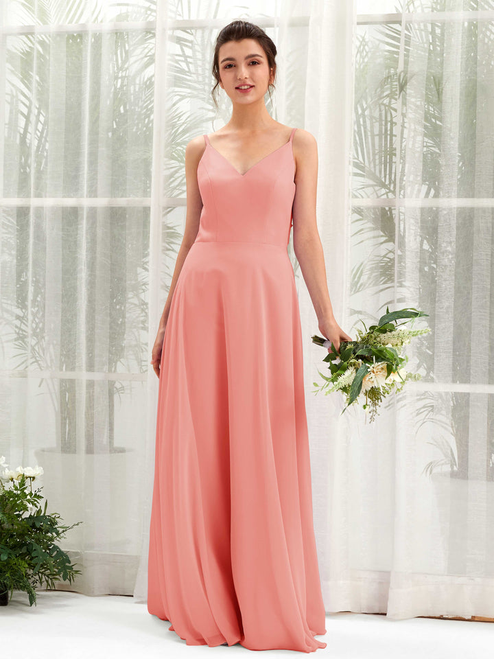 Peach Pink Bridesmaid Dresses Bridesmaid Dress A-line Chiffon Spaghetti-straps Full Length Sleeveless Wedding Party Dress (81220629)