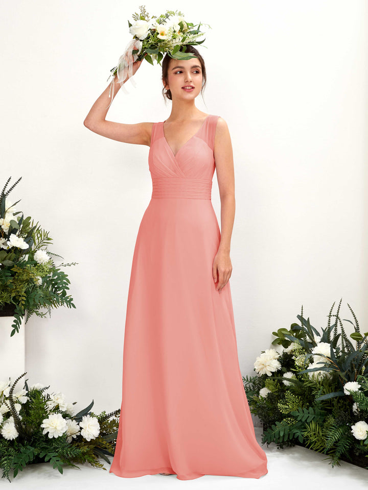 Peach Pink Bridesmaid Dresses Bridesmaid Dress A-line Chiffon Straps Full Length Sleeveless Wedding Party Dress (81220929)