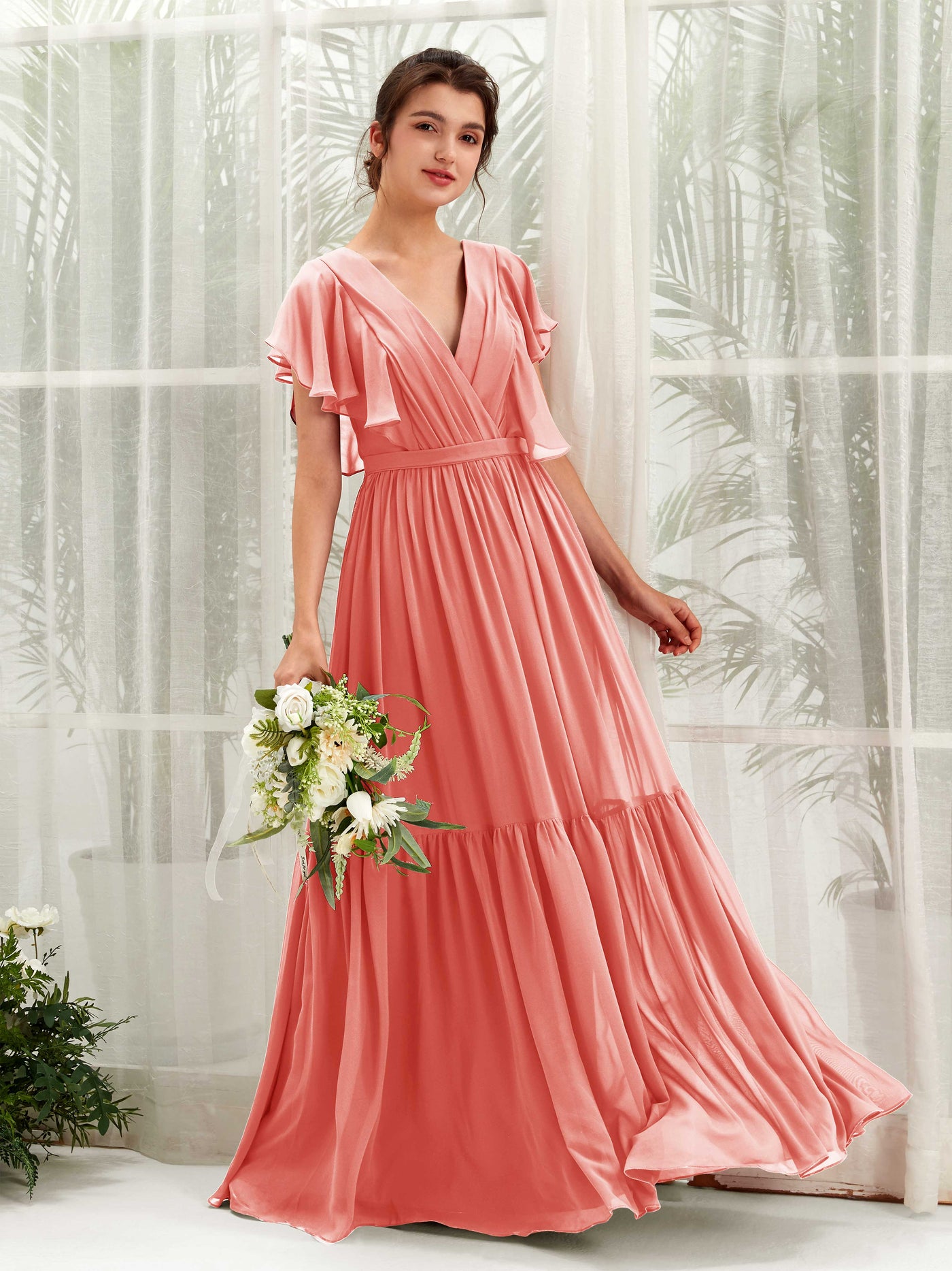 Peach Bridesmaid Dress, Open Back Chiffon Maxi Wedding Dress, Cap Sleeve  Wedding Dress, Chiffon Dress Long, Summer Dress, Prom Dress 1526 