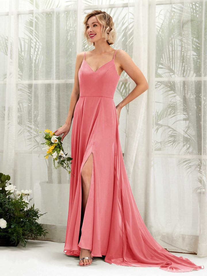 Coral Pink Bridesmaid Dresses Bridesmaid Dress A-line Chiffon V-neck Full Length Sleeveless Wedding Party Dress (81224130)