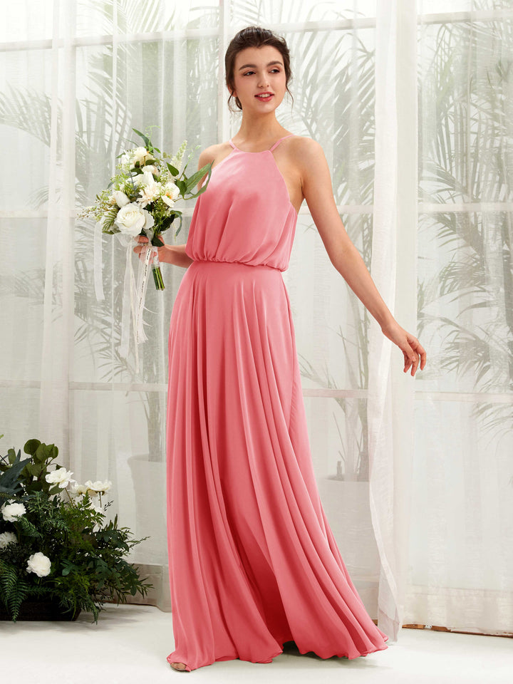 Coral Pink Bridesmaid Dresses Bridesmaid Dress Ball Gown Chiffon Halter Full Length Sleeveless Wedding Party Dress (81223430)