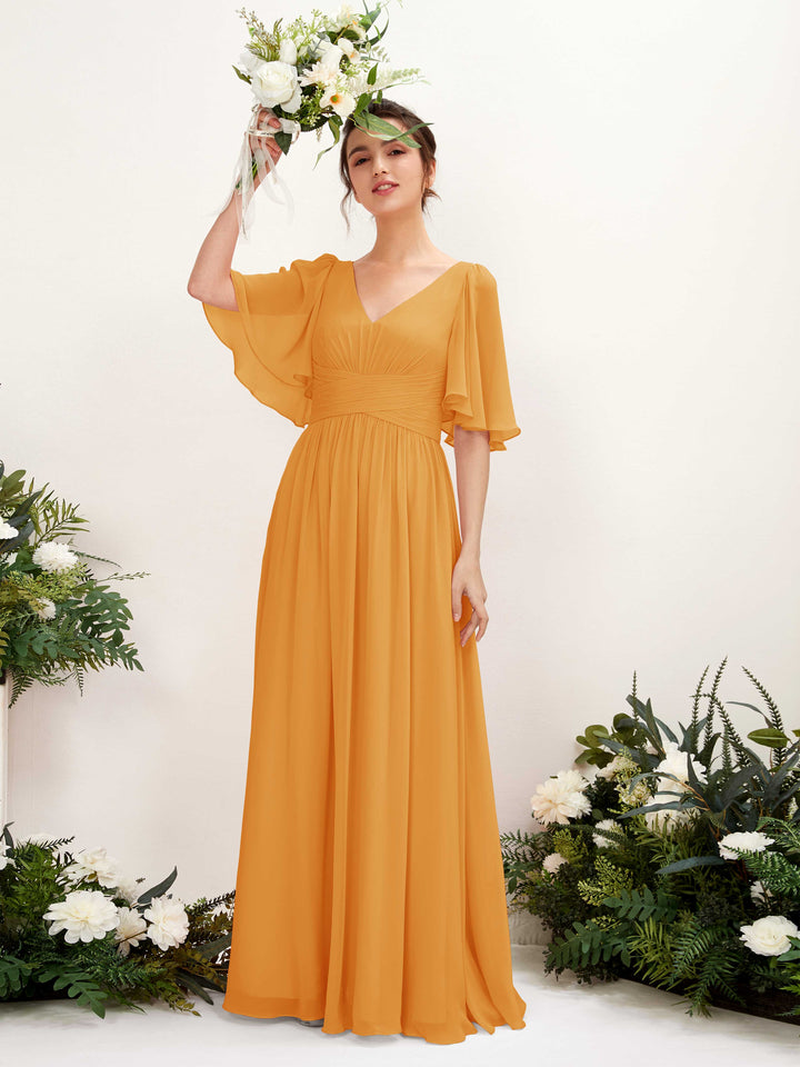 Carlyna Odette A-Line Mango Bridesmaid Dress Maxi Short Sleeve V-Neck Dress 