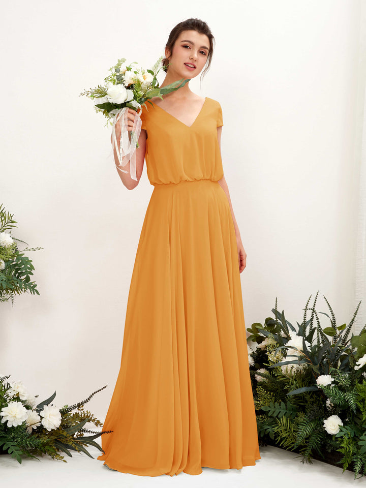 Mango Bridesmaid Dresses Bridesmaid Dress A-line Chiffon V-neck Full Length Short Sleeves Wedding Party Dress (81221802)