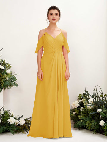 Ball Gown Off Shoulder Spaghetti-straps Chiffon Bridesmaid Dress - Mustard Yellow (81221733)#color_mustard-yellow