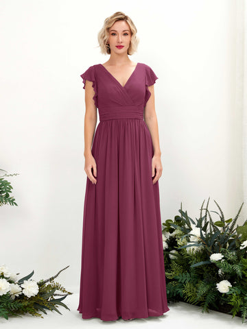 Chianti Bridesmaid Dresses Bridesmaid Dress A-line Chiffon V-neck Full Length Short Sleeves Wedding Party Dress (81222734)#color_chianti