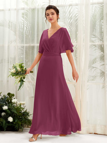 Chianti Bridesmaid Dresses Bridesmaid Dress A-line Chiffon V-neck Full Length Short Sleeves Wedding Party Dress (81222434)#color_chianti