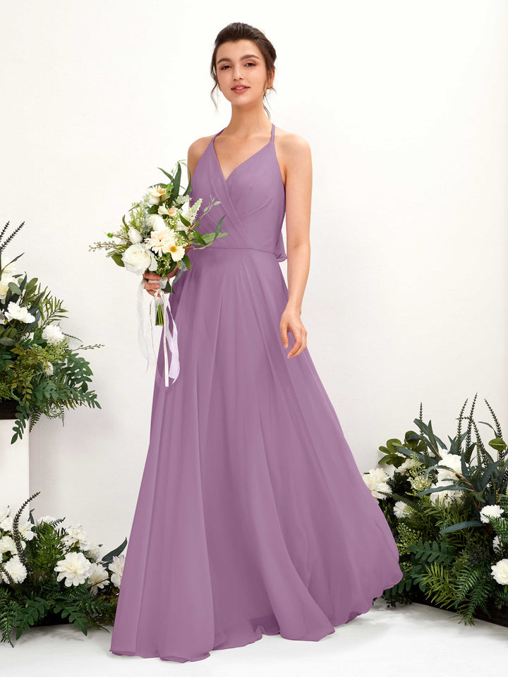 Halter V-neck Sleeveless Chiffon Bridesmaid Dress - Orchid Mist (81221021)