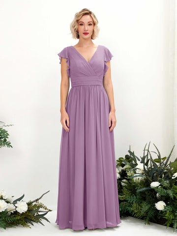 Orchid Mist Bridesmaid Dresses Bridesmaid Dress A-line Chiffon V-neck Full Length Short Sleeves Wedding Party Dress (81222721)#color_orchid-mist