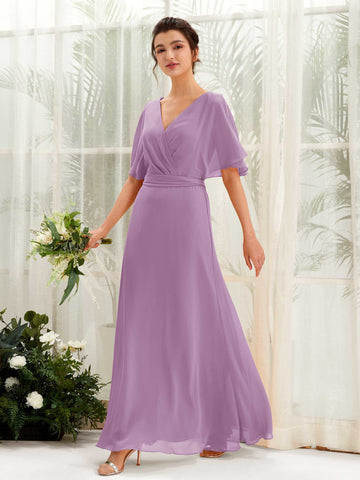 Orchid Mist Bridesmaid Dresses Bridesmaid Dress A-line Chiffon V-neck Full Length Short Sleeves Wedding Party Dress (81222421)#color_orchid-mist