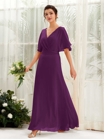 Grape Bridesmaid Dresses Bridesmaid Dress A-line Chiffon V-neck Full Length Short Sleeves Wedding Party Dress (81222431)#color_grape