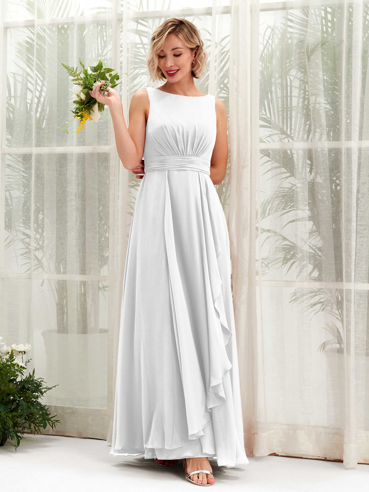 Womens Draped Chiffon Grecian Column Gown With Convertible Straps White
