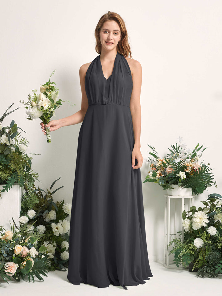 Pewter Bridesmaid Dresses Bridesmaid Dress A-line Chiffon Halter Full Length Short Sleeves Wedding Party Dress (81226338)