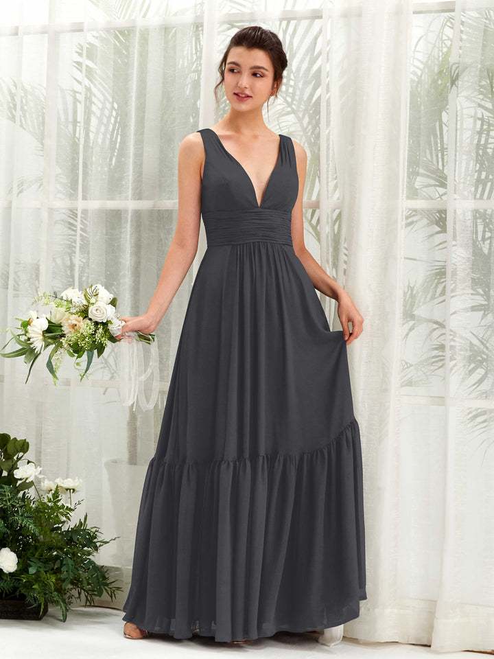 Pewter Bridesmaid Dresses Bridesmaid Dress A-line Chiffon Straps Full Length Sleeveless Wedding Party Dress (80223738)