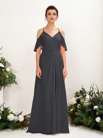 Ball Gown Off Shoulder Spaghetti-straps Chiffon Bridesmaid Dress - Pewter (81221738)#color_pewter