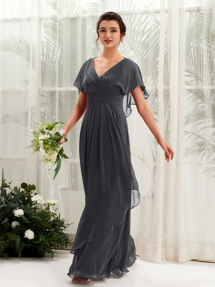 Open back V-neck Short Sleeves Chiffon Bridesmaid Dress - Pewter (81226138)