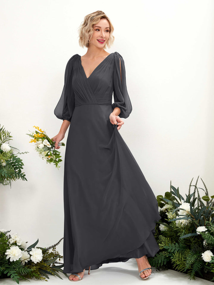 Pewter Bridesmaid Dresses Bridesmaid Dress Chiffon V-neck Full Length Long Sleeves Wedding Party Dress (81223538)