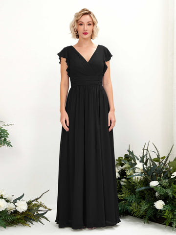 Black Bridesmaid Dresses Bridesmaid Dress A-line Chiffon V-neck Full Length Short Sleeves Wedding Party Dress (81222715)#color_black